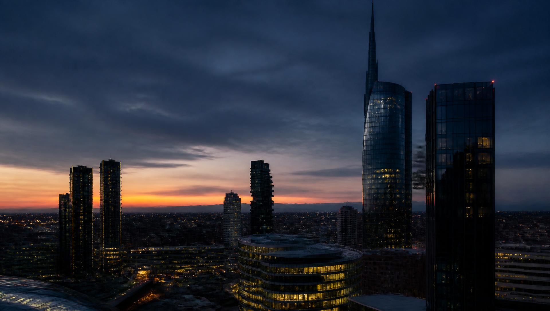 Milan business district skyline at dusk